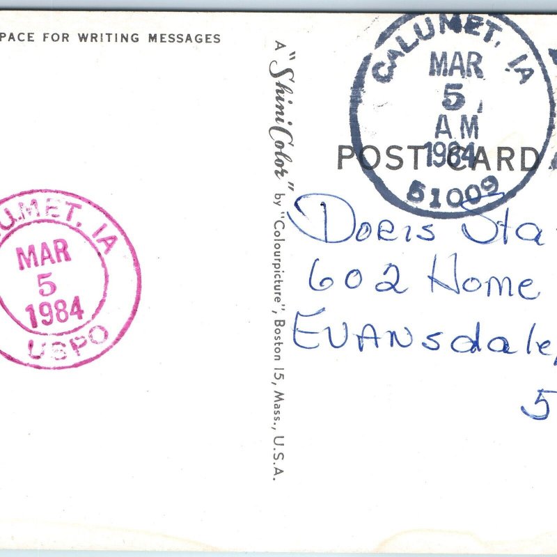 1984 Calumet, IA Purple USPO Post Office Cancel Postcard Postal History A266