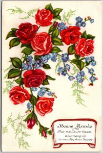 1943 Bonne Annee New Year Greetings Card Roses Forget-Me-Nots Posted Postcard