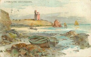 Artist impression Boat 1907 UK Lighthouse Lynmouth Devonshire Postcard 20-7565