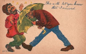 Vintage Postcard 1910's This Will Let You Know That I Arrived Men Umbrella Comic