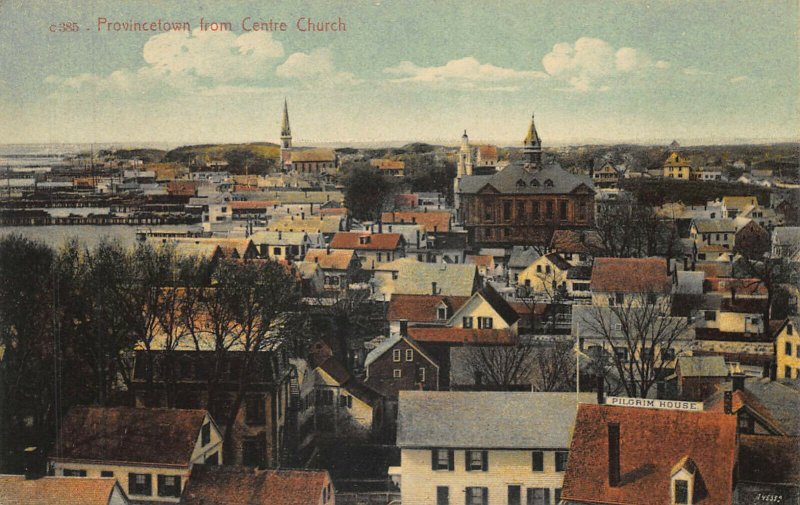 Provincetown MA Aerial View & Pilgrim House From Centre Church Postcard