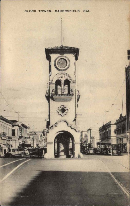 Bakersfield California CA Clock Tower Street View Vintage Postcard