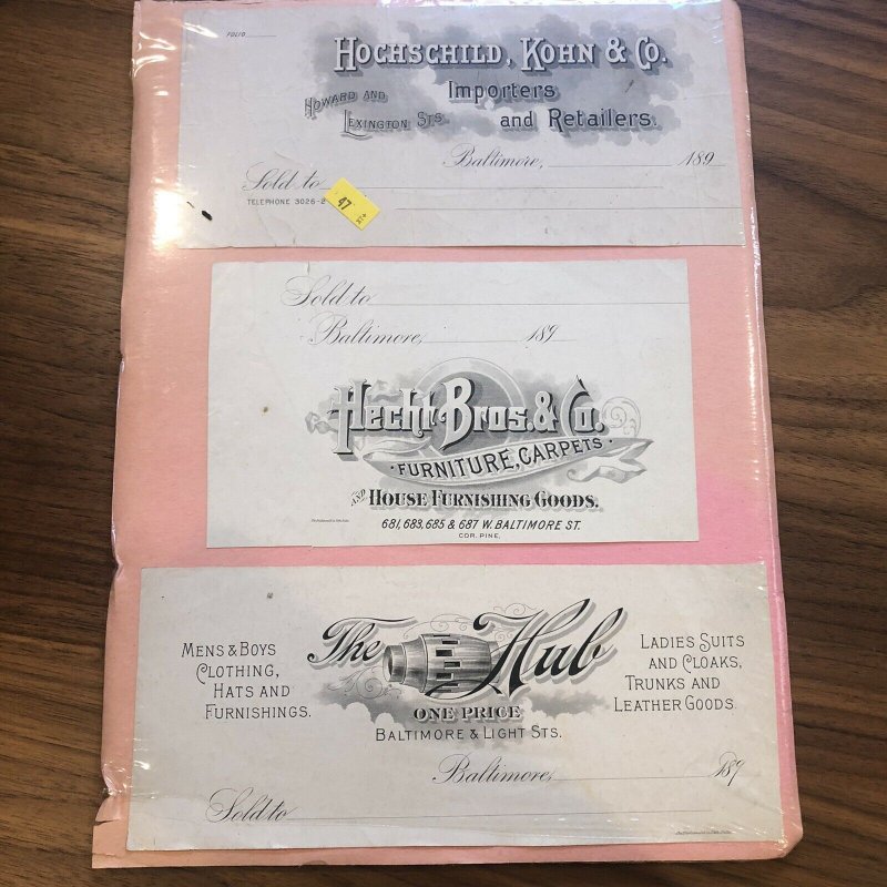 LOT OF 3 - Baltimore MD - HECHT  - HUB - HOCHSCHILD  - STORE 1800s Receipt Rare