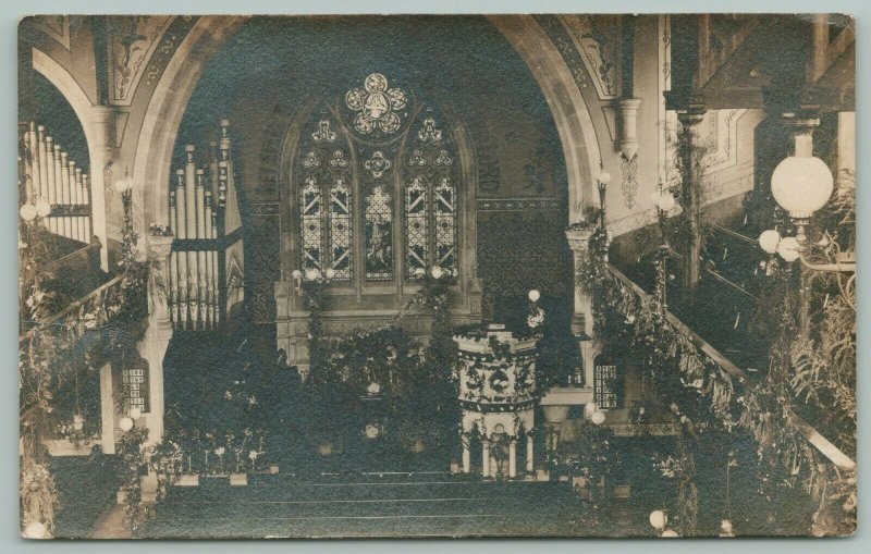 Baxter Church Interior w/Pipe Organ During Harvest Festival RPPC c1910 Postcard 