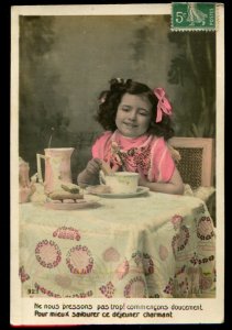 Ne nous pressons pas trop! Vintage French RPPC. Little girl at lunch.Tinted. SEB