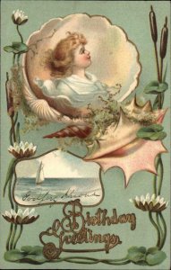 Art Nouveau Child Shells Seashell Lilypads c1910 Embossed Postcard #1