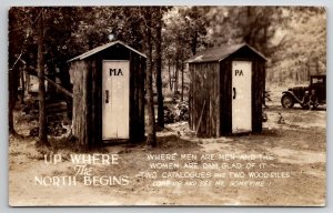 RPPC Ma & Pa Outhouses Up Where the North Begins Men are Men Postcard J30