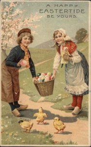Easter Little Dutch Boy and Girl Basket of Eggs Vintage Postcard