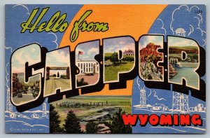 Postcard Large Letter Hello From Casper Wyoming Curt Teich & Co Linen Greetings