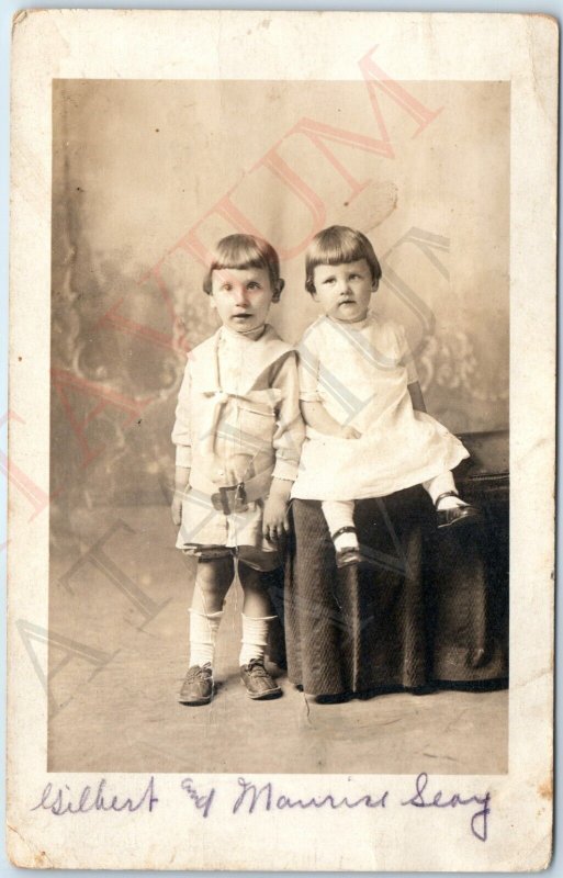 ID'd c1900s Children Portrait RPPC Cute Little Girl Boy Real Photo G&M Seay A184