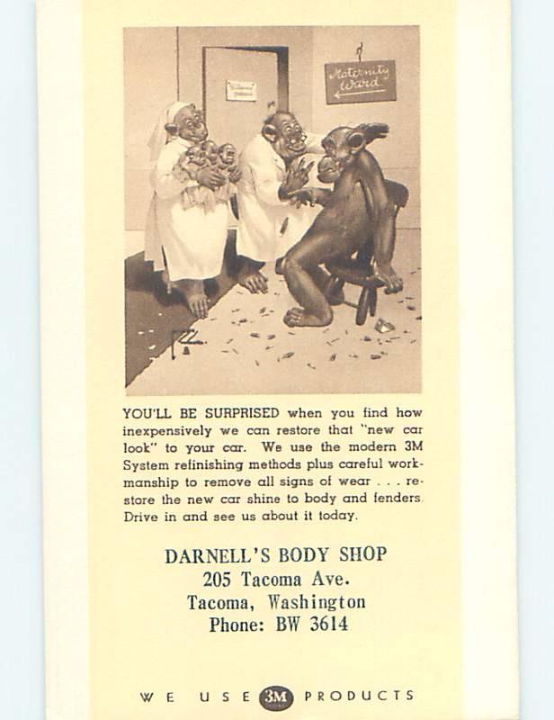 Pre1960 Postcard Ad DARNELL'S BODY SHOP MONKEYS SHOWN WA