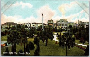 Hemming Park Jacksonville Florida FL Palms and Houses Monument Postcard
