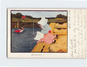 Postcard A Nibble with Children Fishing Boat Comic Art Print