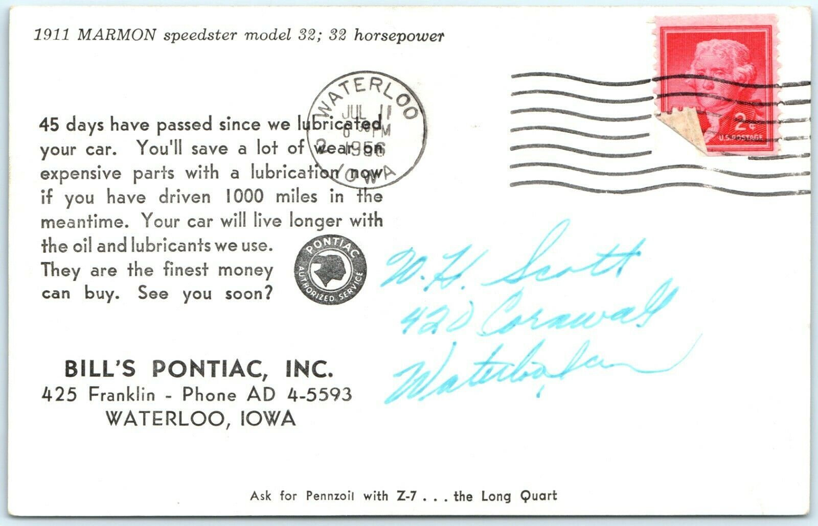 1956 Waterloo IA 1911 Marmon Postcard Pontiac Dealer Oil Change