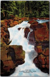 Montana, Cascading Waterfalls, View in Glacier National Park, Vintage Postcard