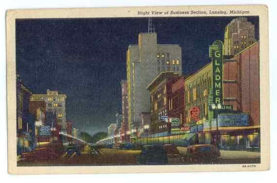 Night View Business Section of Lansing, Michigan, MI,1951 Linen