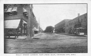 Charles City IA Kelly Street Store Front Popcorn Wagon in1909 Postcard