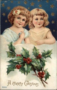 Christmas Beautiful Children Holly Berry Embossed c1900-20s Vintage Postcard