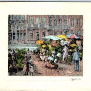 c1920s Brussels Belgium Flower Litho Card Market Grand Place Square Vendors A358