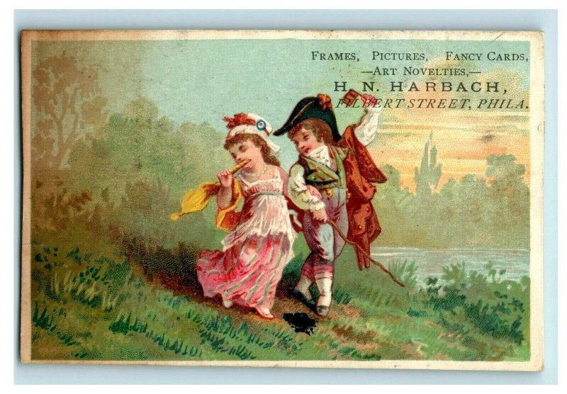 1870's H.N. Harbach Trade Card Printer Art Novelties Colonial Boy & Girl P168