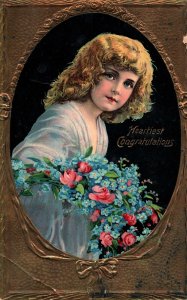 VINTAGE POSTCARD HEARTIEST CONGRATULATIONS ON YOUR BIRTHDAY FRAMED EMBOSSED 1910