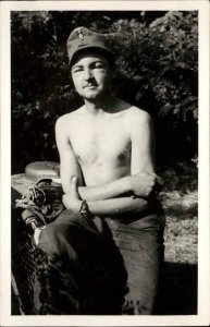 Shirtless Man Military Cap/Hat? Wrist Watch Real Photo Postcard