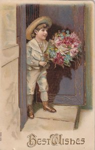 BEST WISHES, PU-1909; Boy with bouquet of flowers, gold detail