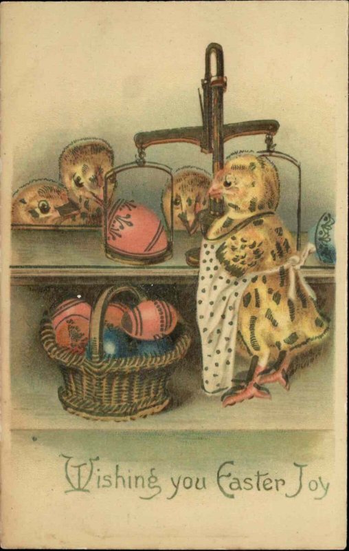 Easter Fantasy Chick in Apron Serves Easter Eggs Gel c1910 Vintage Postcard 