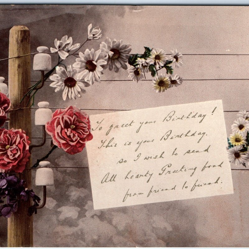 c1910s Lovely Flowers Telegraph Line Pole Birthday Poem Postcard Insulators A80