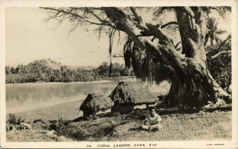 fiji islands, CUVA, Coral Lagoon with Native Houses (1930s) RPPC