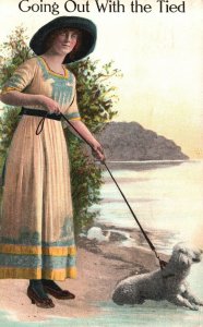 Vintage Postcard 1913 Going Out On The Beach Lady With Her Pet Dog Tied