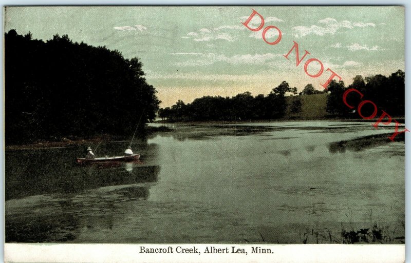 1910 Albert Lea, MN Bancroft Creek Men Fishing Boat Sunset Litho Photo PC A18