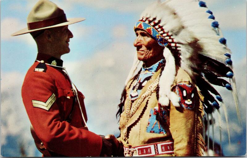 'Mountie and Indian Chief' Sitting Eagle RCMP Mounted Police UNUSED Postcard D89