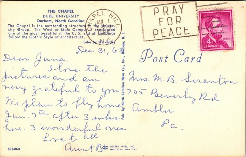 Chapel Duke Unitersity Durham North Carolina Postcard PM Chapel Hill NC Cancel  