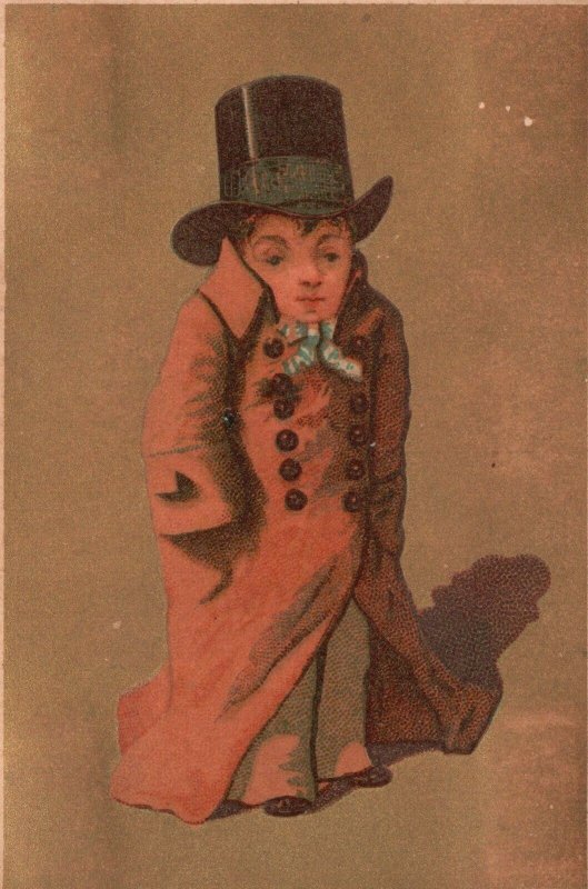1880s-90s Young Boy in Trench Coat and Top Hat Gold Background Trade Card