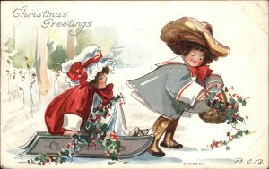 Christmas B.E.B. Children Elaborate Costumes Sledding c1910 Vintage Postcard
