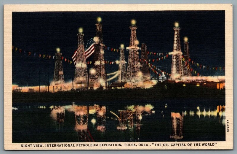 Postcard Tulsa OK c1934 International Petroleum Exposition Night View Flag Linen