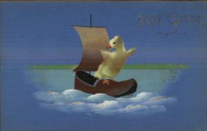 OPF Duck Ducky on Wooden shoe Sailboat c1910 Easter Postcard