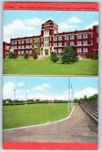 Great Falls Montana Postcard High School Athletic Field Multiview 1940 Unposted