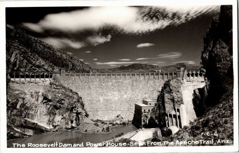 RPPC Roosevelt Dam and Power House from Apache Trail AZ Vintage Postcard B40 