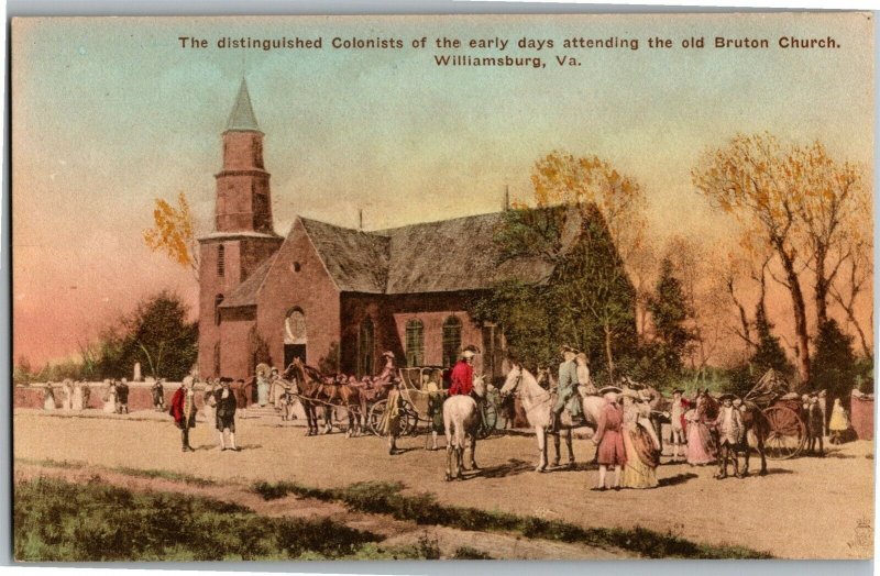 Colonists Attending Bruton Church Williamsburg VA Hand Colored Vtg Postcard D26 