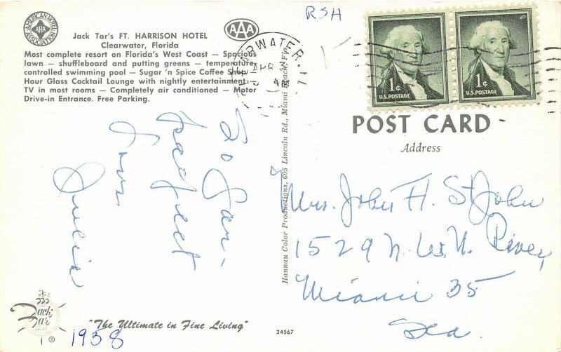 Clearwater Florida 1958 Postcard Jack Tar's Ft. Harrison Hotel