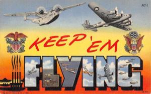 Greetings Keep Em Flying Military Airplanes Large Letter Linen Postcard J63005