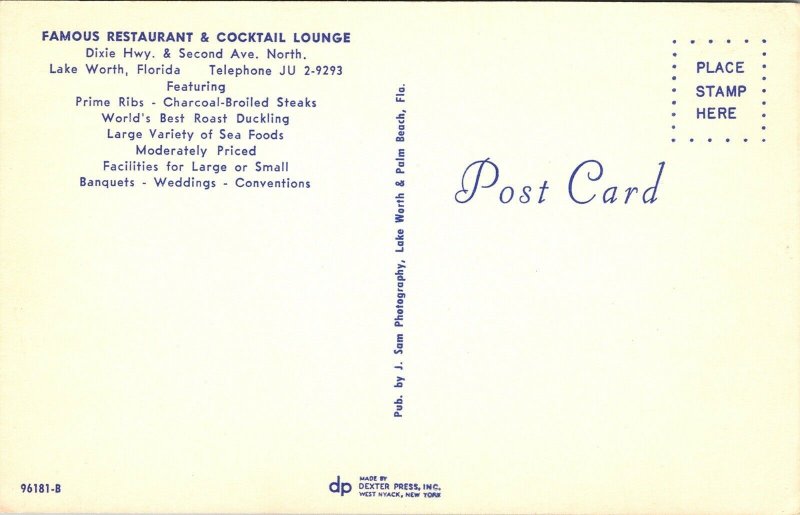 Famous Restaurant Cocktail Lounge Lake Worth FL Florida VTG Postcard UNP Dexter 