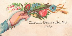 1880s-90sMan Holding Pink Flowers Chromo Series 4 Designs Trade Card