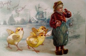 Easter Postcard Dutch Child Wooden Shoes Baby Chicks Windmill Germany Embossed