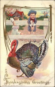 Thanksgiving Children Watch Turkey over Fence c1910 Vintage Postcard