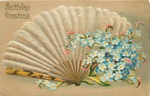 c1910 Embossed Birthday Postcard; Lovely Feather Fan & Flowers A.S.B. 330 posted