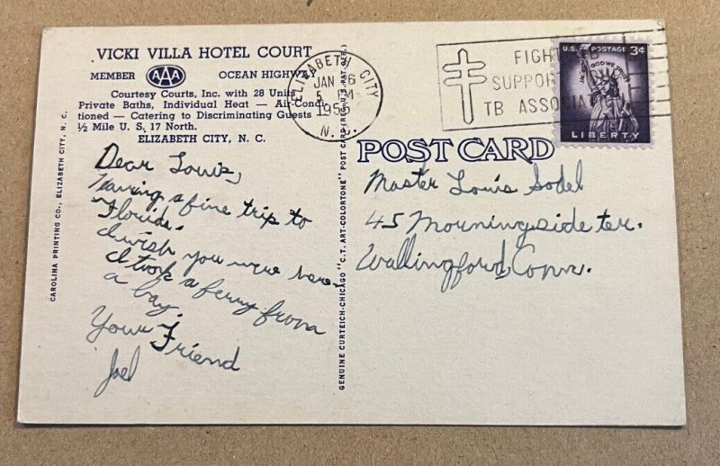 VINTAGE LINEN POSTCARD 1955 USED - VICKI VILLA HOTEL COUTY, ELIZABETH CITY, N.C.