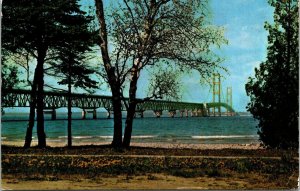 Mackinac Bridge Suspension Michigan MI VTG Postcard PM Shawano WI Cancel WOB 